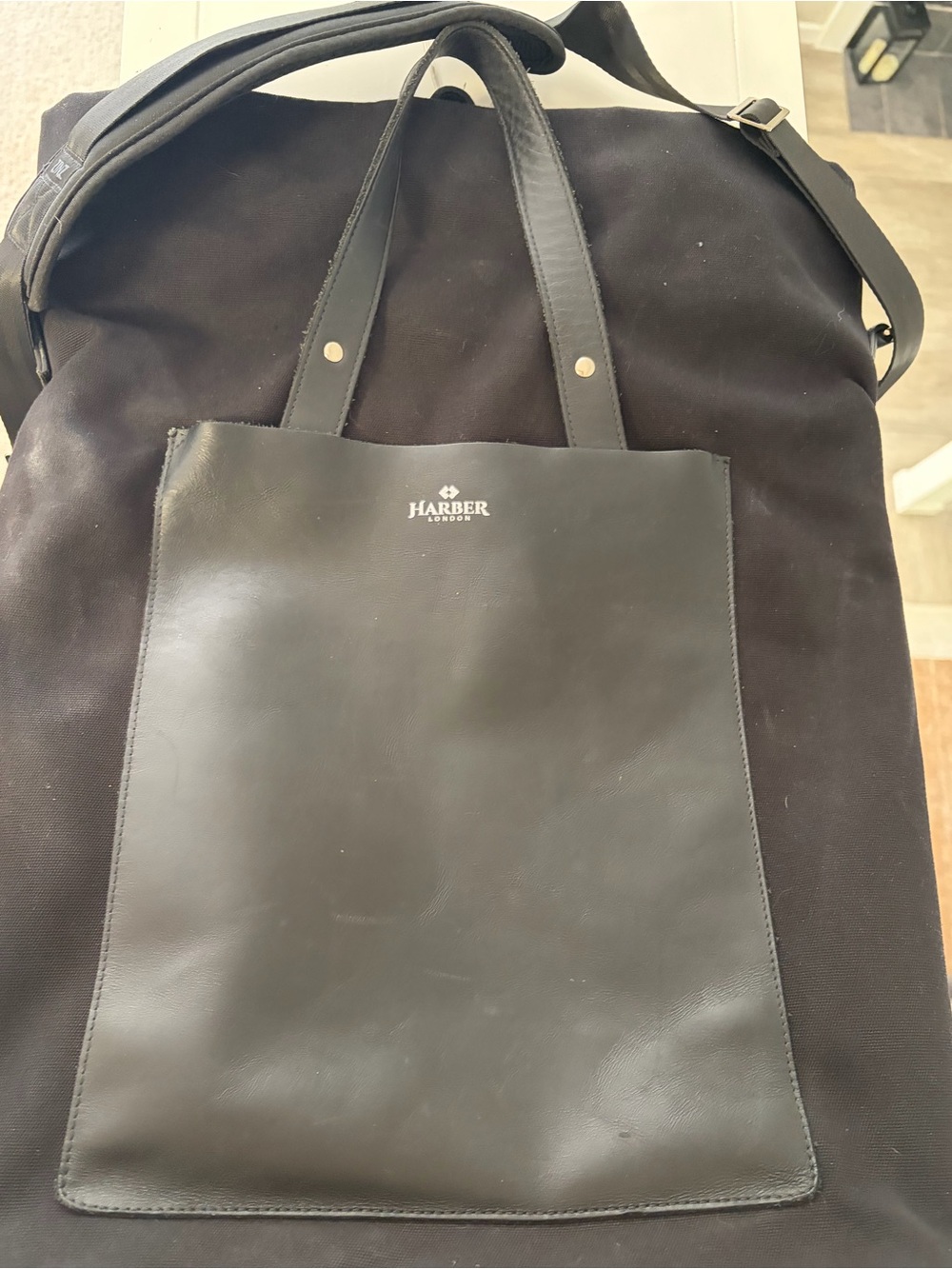 Harber London Black Leather Duffel Tote - Men's Travel Bag
